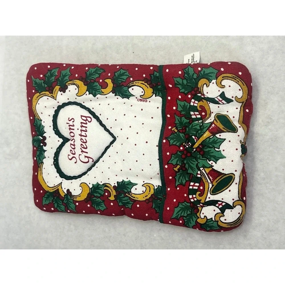 Vintage Christmas Pot Holder Seasons Greeting Holly Bells Red White Polka Dot